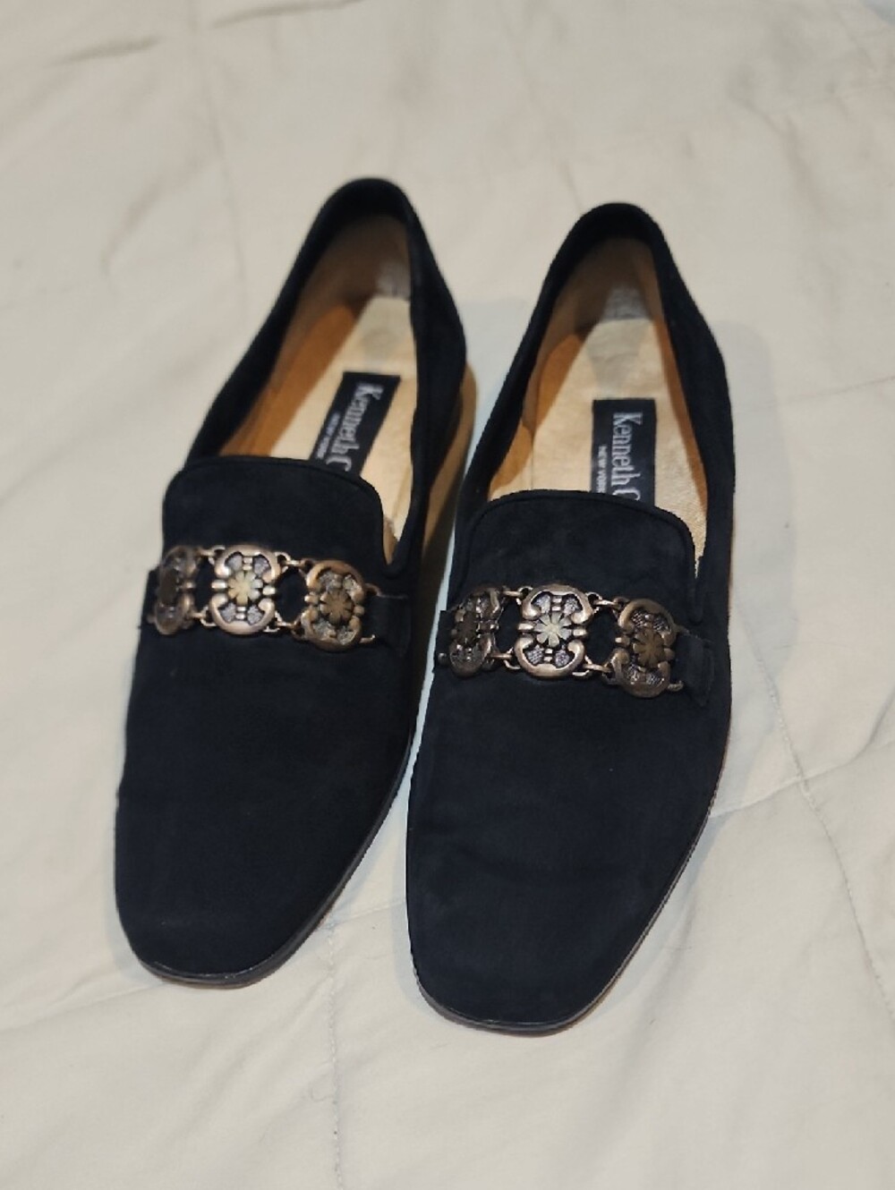 Vintage Kenneth Cole Black Suede Loafers with Floral Metal Accent - Picture 2 of 6